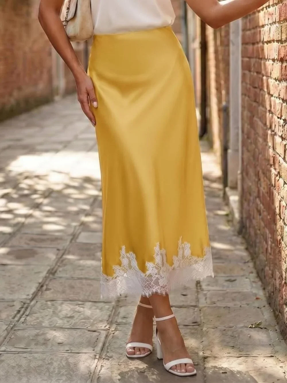 High Waisted Satin Midi Skirt with Lace Trim | Elegant Long Skirt for Women